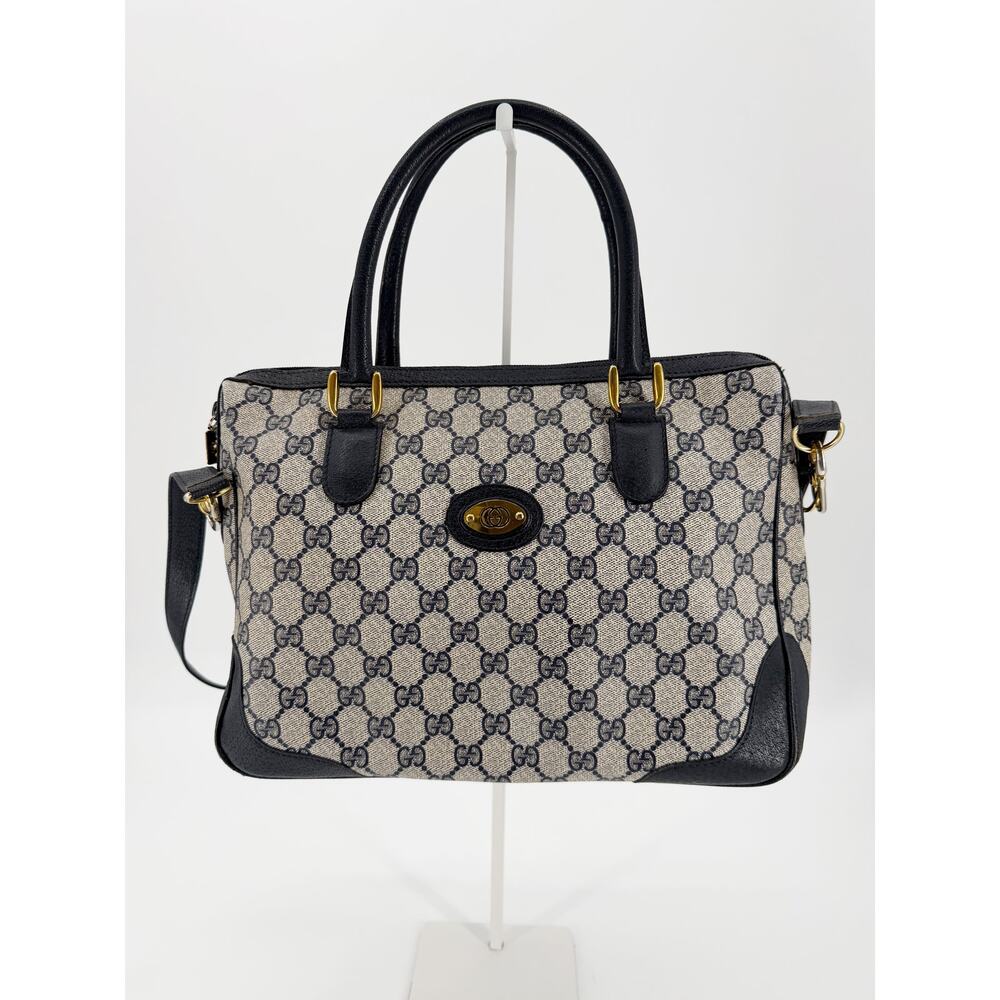 Gucci Vintage GG Supreme Navy Blue Monogram Boston Satchel Shoulder Bag 2Way